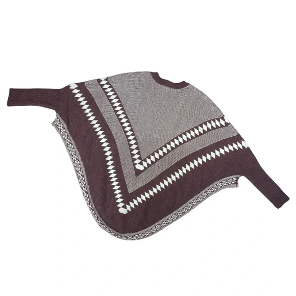 Trendsetter Geometric Knit Poncho Maroon White Boho Cozy Winter Small Medium - Picture 8 of 12